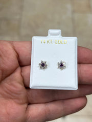 14K Yellow Gold Flower Stud Amethyst Birthstone Stud Earrings, Screw Back, Bolita Back, Genuine 14k Gold, Kids Baby