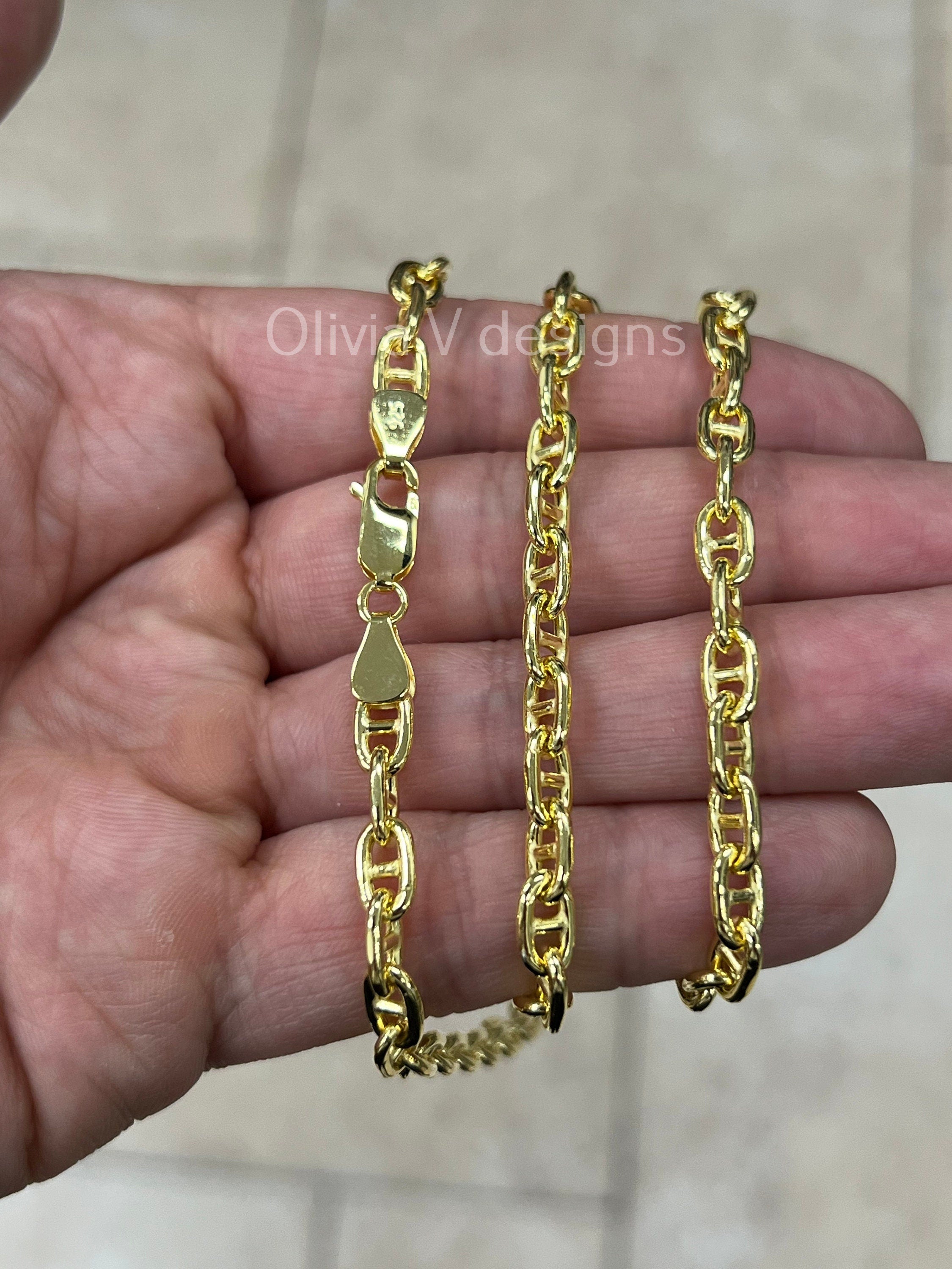 14K Yellow Gold Over 925 Sterling Silver 5mm Puffy Anchor Link Chain Necklace Solid Silver, Men's And Ladies, Puffy Chain, Thick