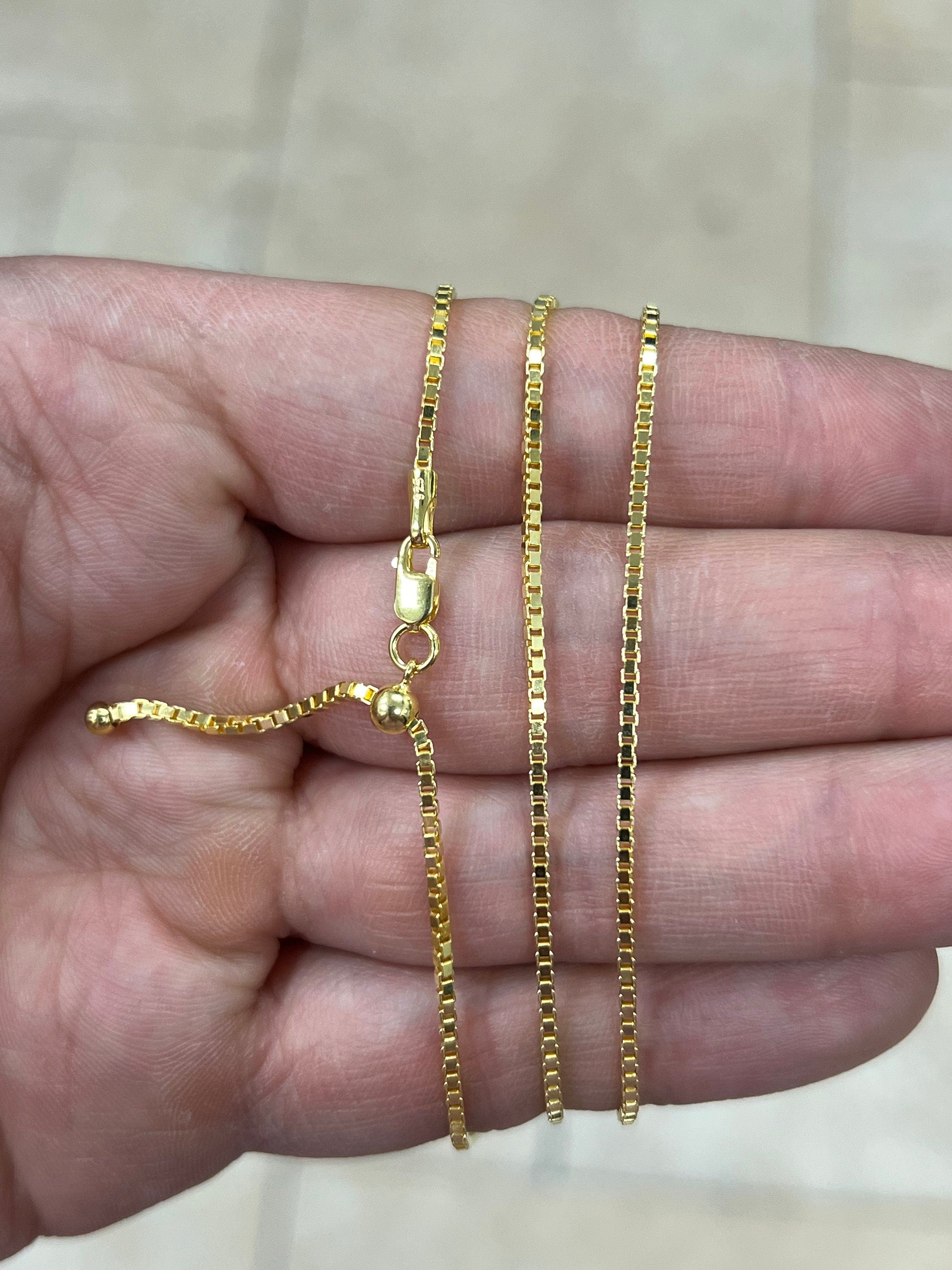 14K Yellow Gold Over 925 Sterling Silver Box  Adjustable 1.3mm Chain, Silver, Sterling Silver Chain, 925 Sterling Silver, Finished Necklace