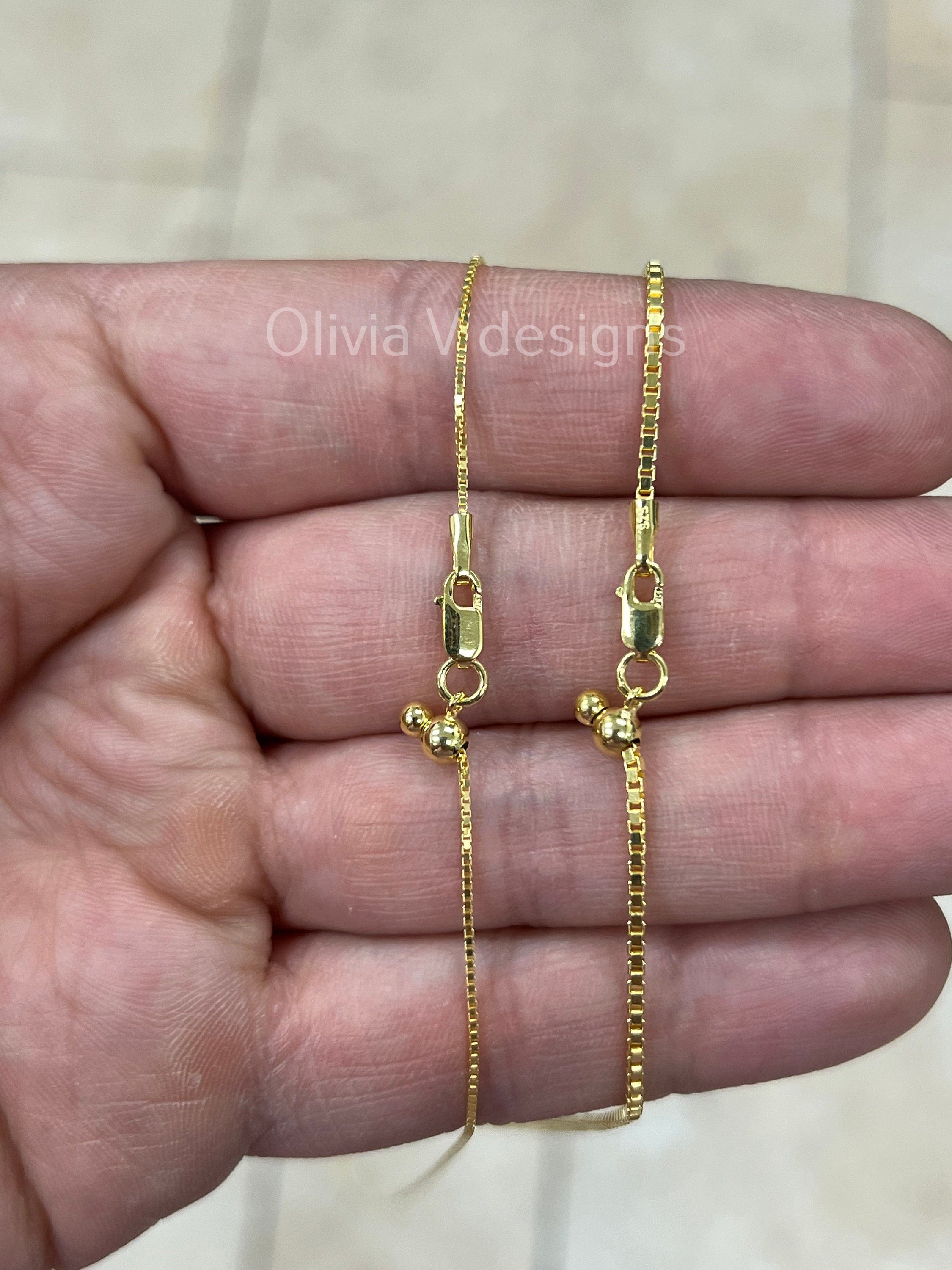 14K Yellow Gold Over 925 Sterling Silver Box  Adjustable 1mm 1.3mm Chain, Silver, Sterling Silver Chain, 925 Sterling Silver