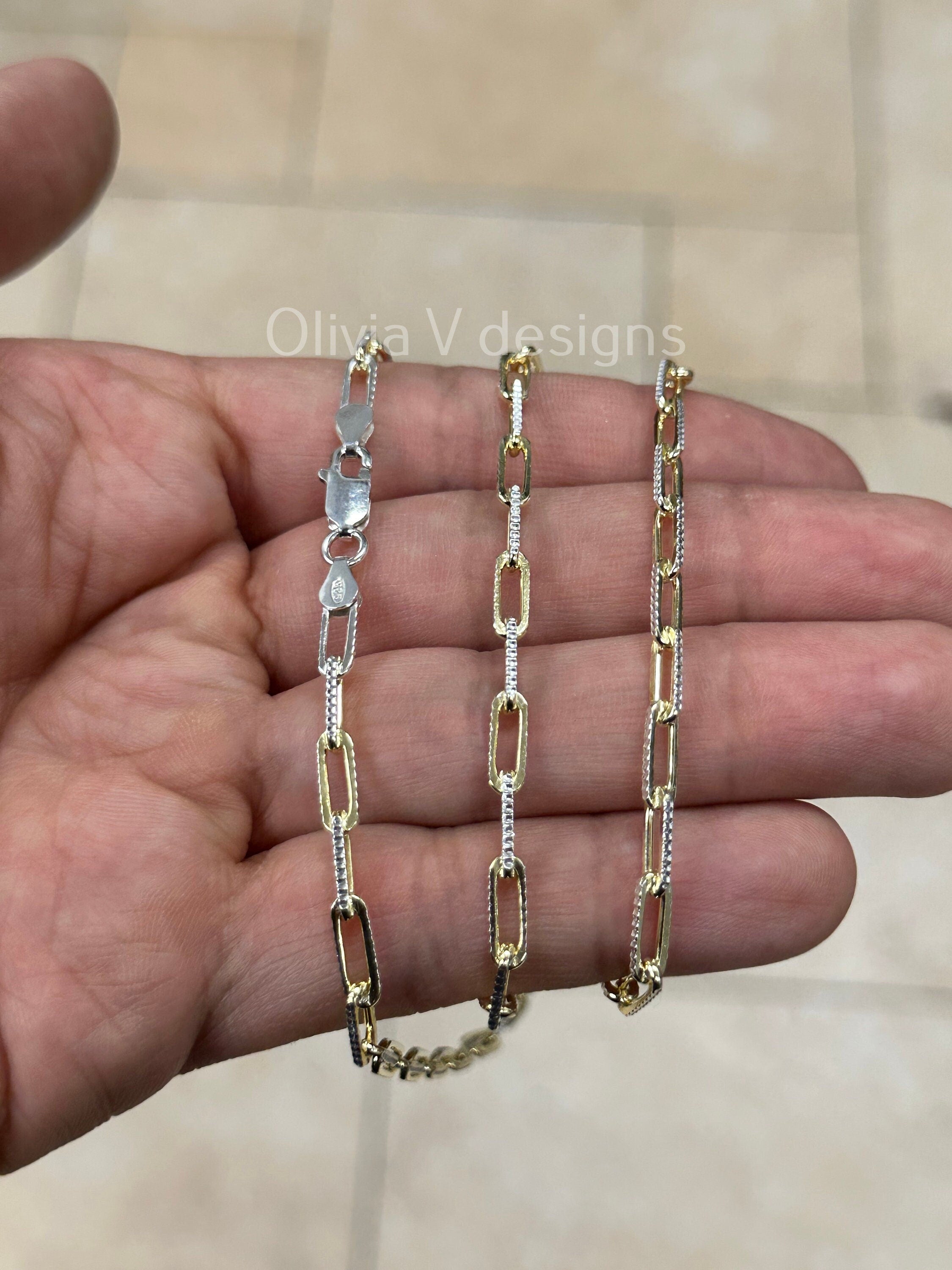 14k Gold Over 925 Sterling Silver 2 Tone Diamond Cut Paper Clip 3.5mm Elongated Link Chain, Rectangular Staple Link Necklace, Layering