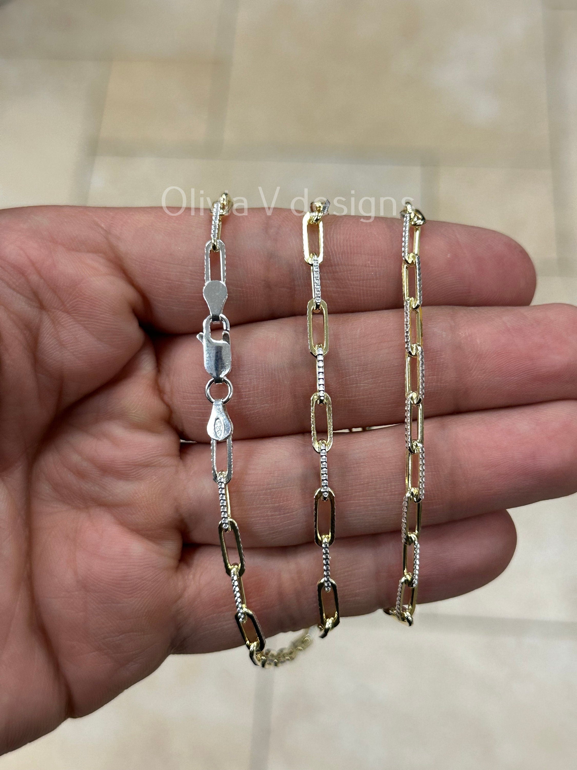 14k Gold Over 925 Sterling Silver 2 Tone Diamond Cut Paper Clip 3.5mm Elongated Link Chain, Rectangular Staple Link Necklace, Layering