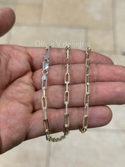 14k Gold Over 925 Sterling Silver 2 Tone Diamond Cut Paper Clip 3.5mm Elongated Link Chain, Rectangular Staple Link Necklace, Layering