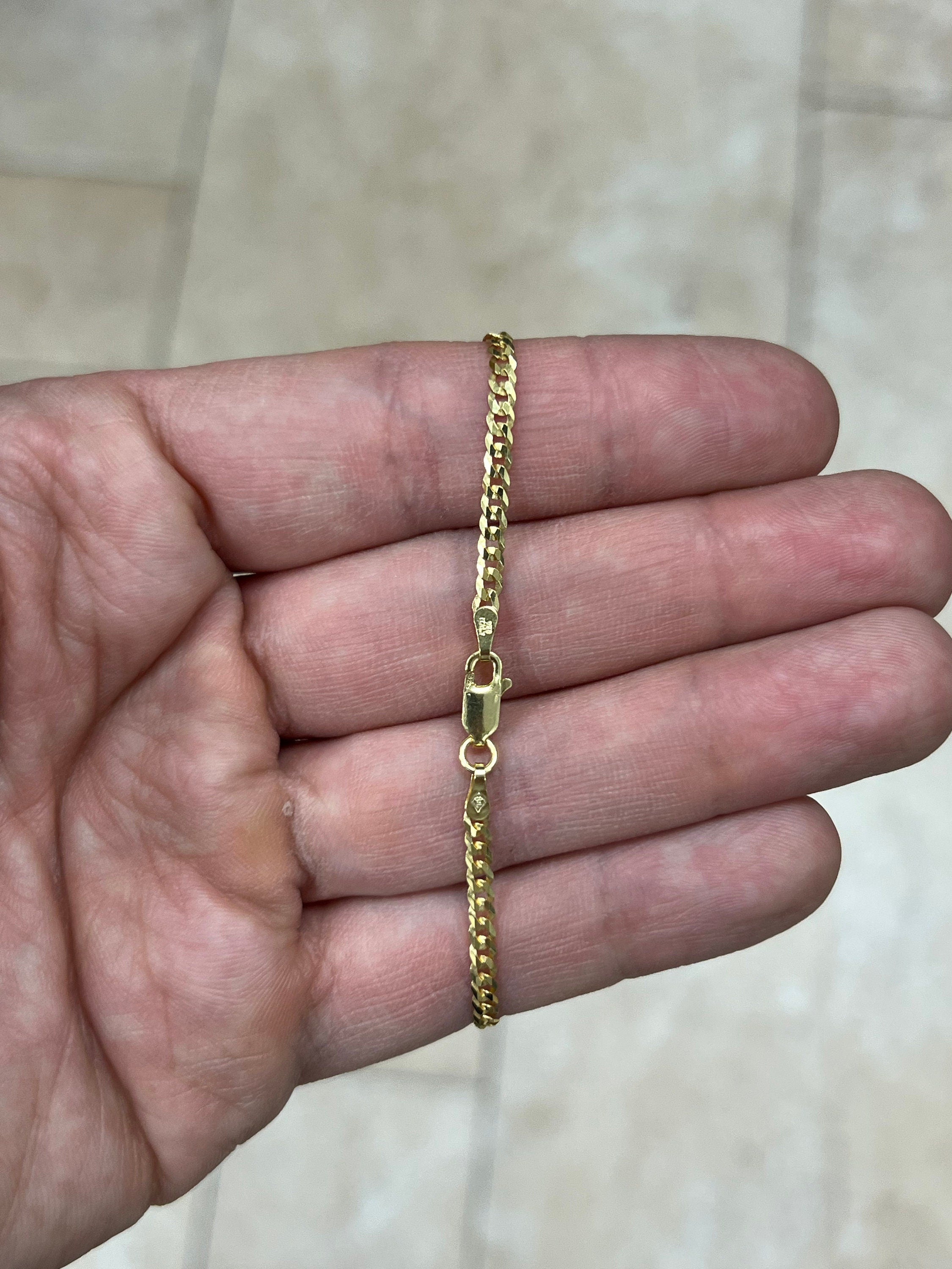 14k Gold Over 925 Sterling Silver Flat Cuban 3mm Anklet 10'', Solid Flat Miami Cuban Curb Link Chain, Italy