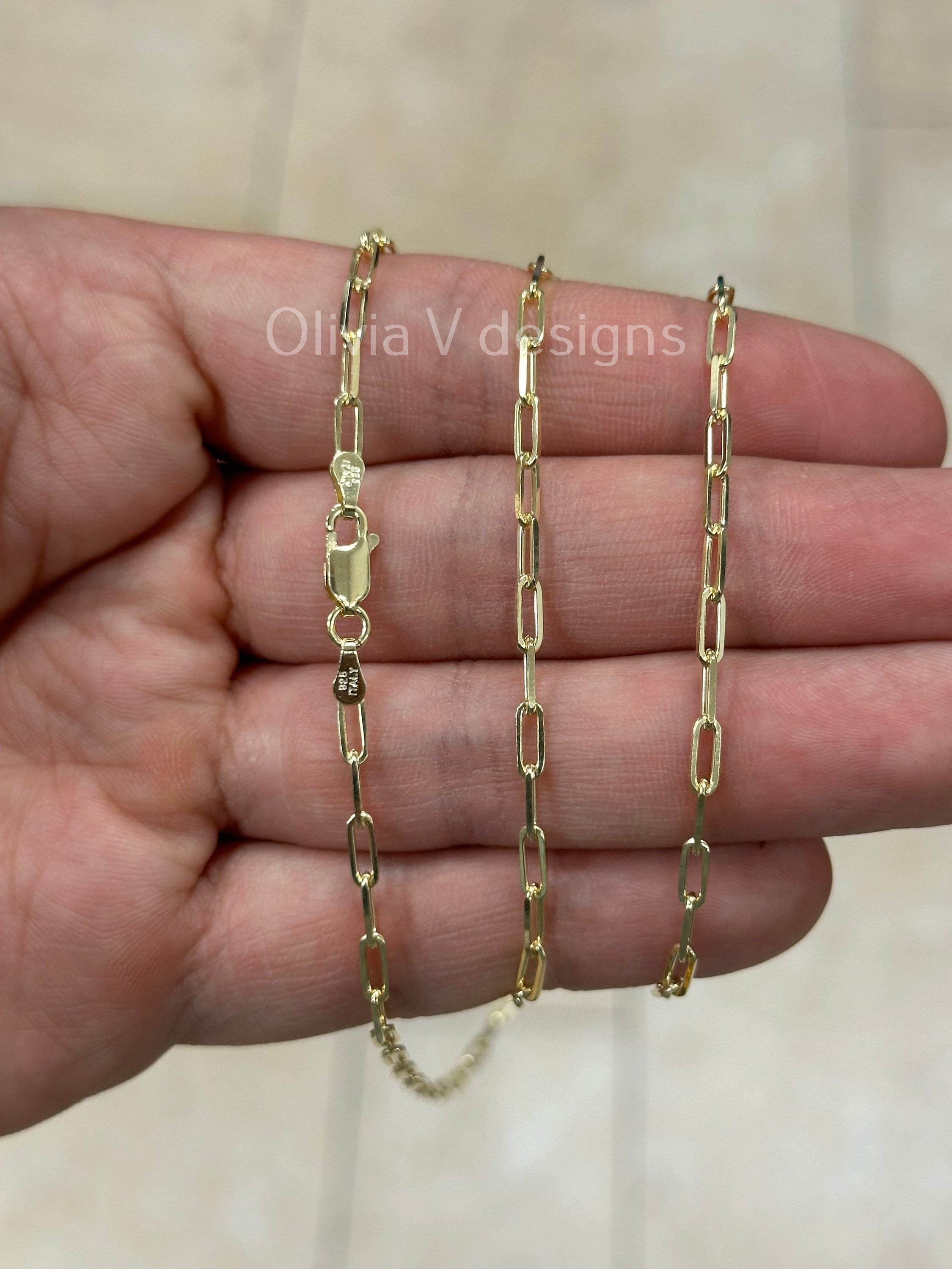 14k Gold Over 925 Sterling Silver Paper Clip 2.5mm Elongated Link Chain, Rectangular Staple Link Necklace, Layering, Minimalist