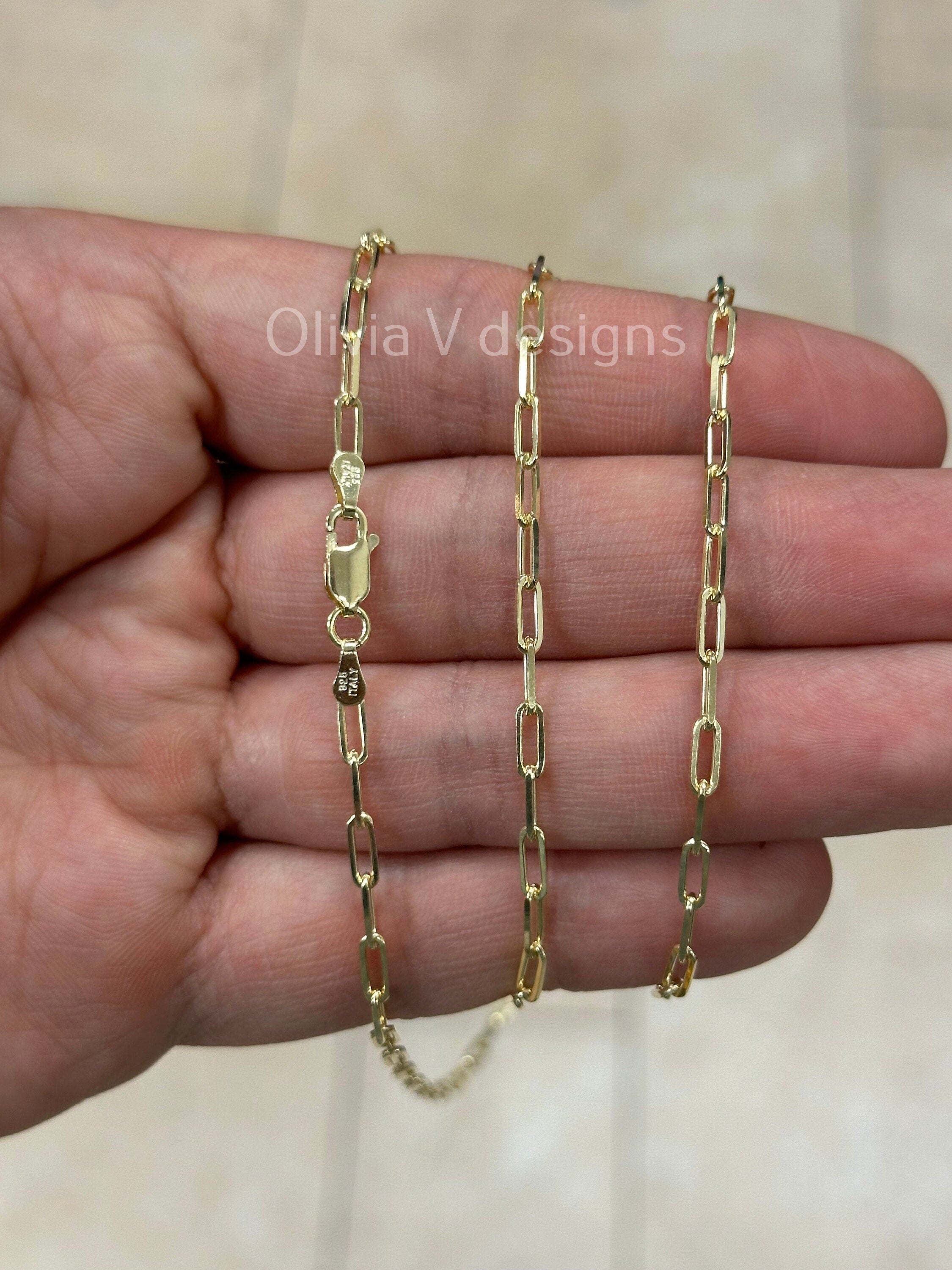 14k Gold Over 925 Sterling Silver Paper Clip 2.5mm Elongated Link Chain, Rectangular Staple Link Necklace, Layering, Minimalist