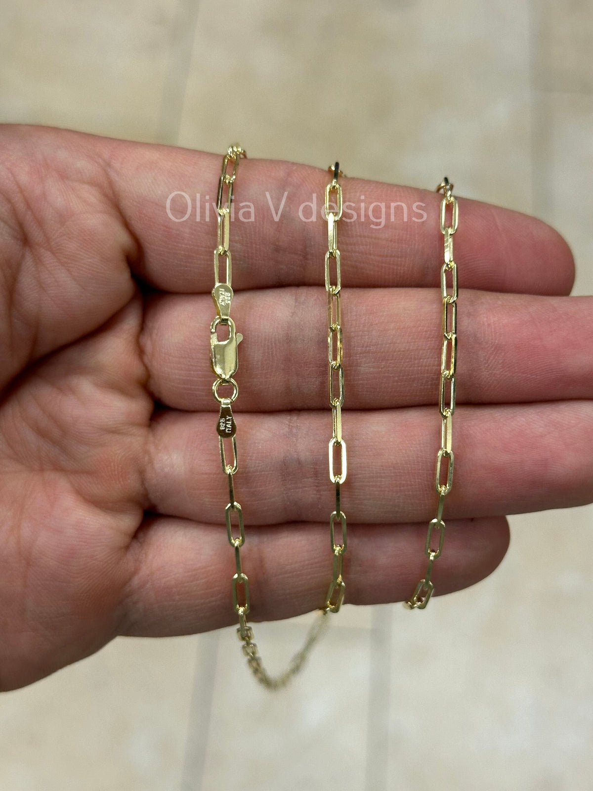 14k Gold Over 925 Sterling Silver Paper Clip 2.5mm Elongated Link Chain, Rectangular Staple Link Necklace, Layering, Minimalist