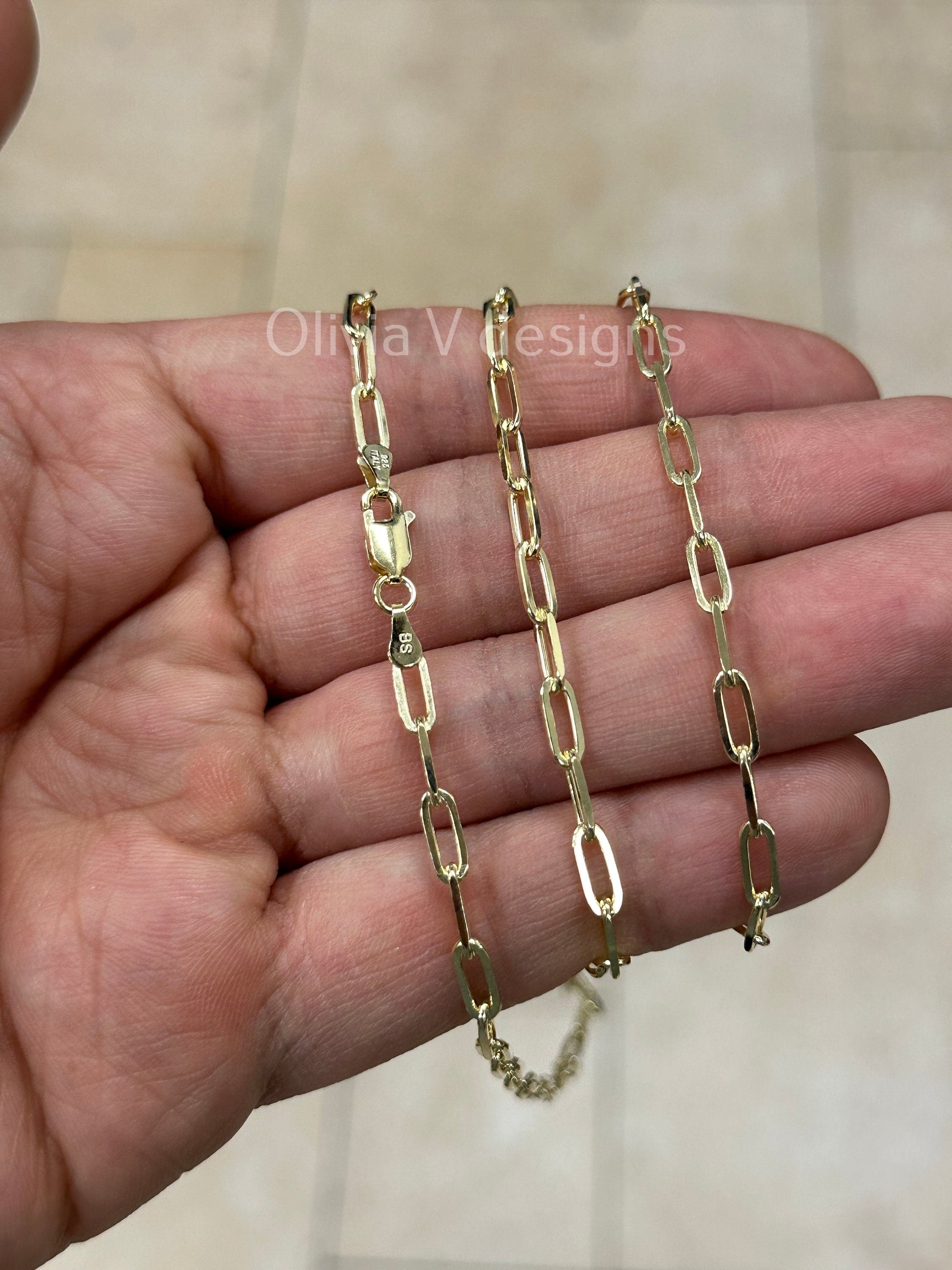 14k Gold Over 925 Sterling Silver Paper Clip 3.5mm Elongated Link Bracelet Chain, Rectangular Staple Link Necklace, Layering, Minimalist