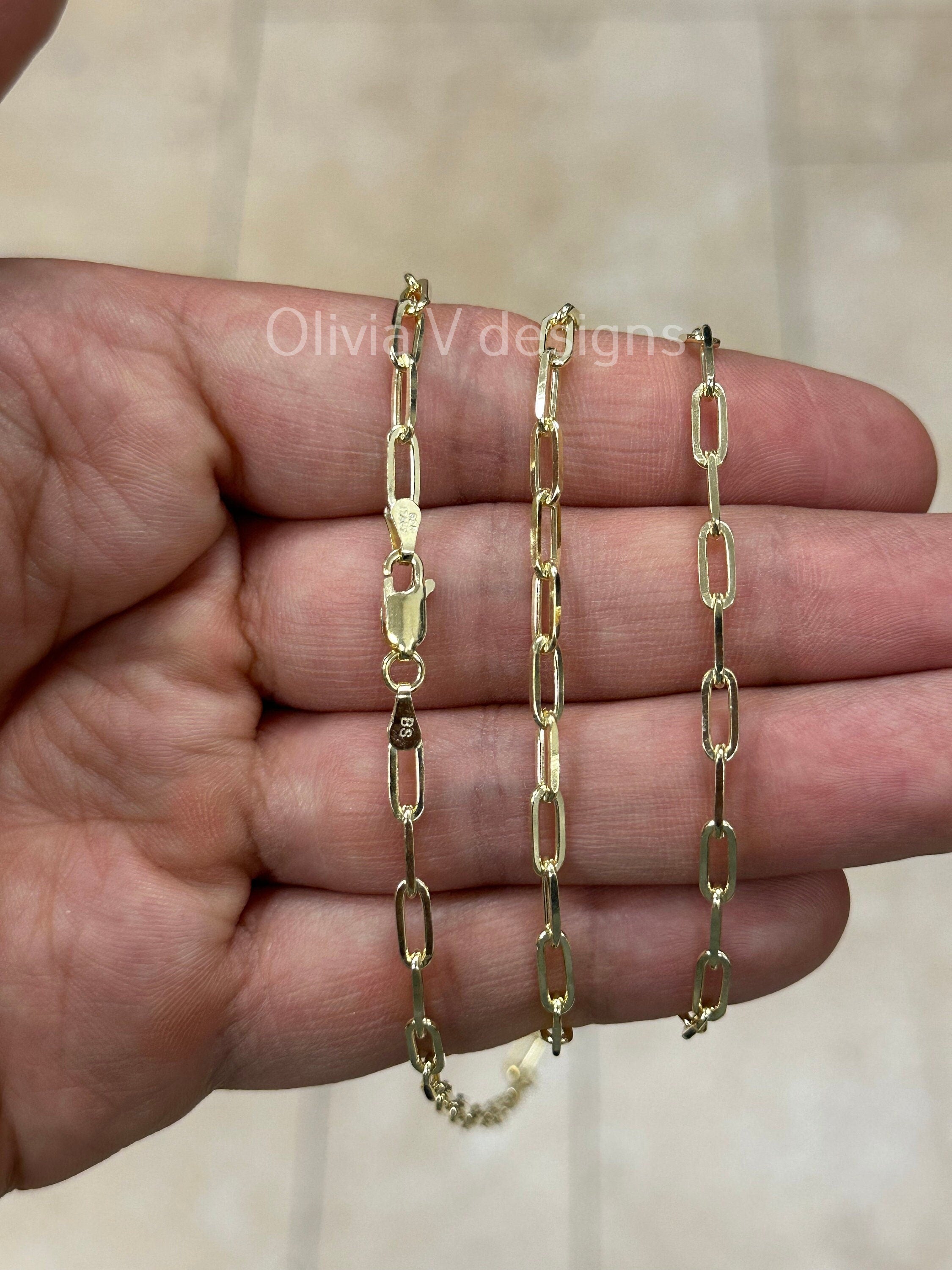 14k Gold Over 925 Sterling Silver Paper Clip 3.5mm Elongated Link Bracelet Chain, Rectangular Staple Link Necklace, Layering, Minimalist