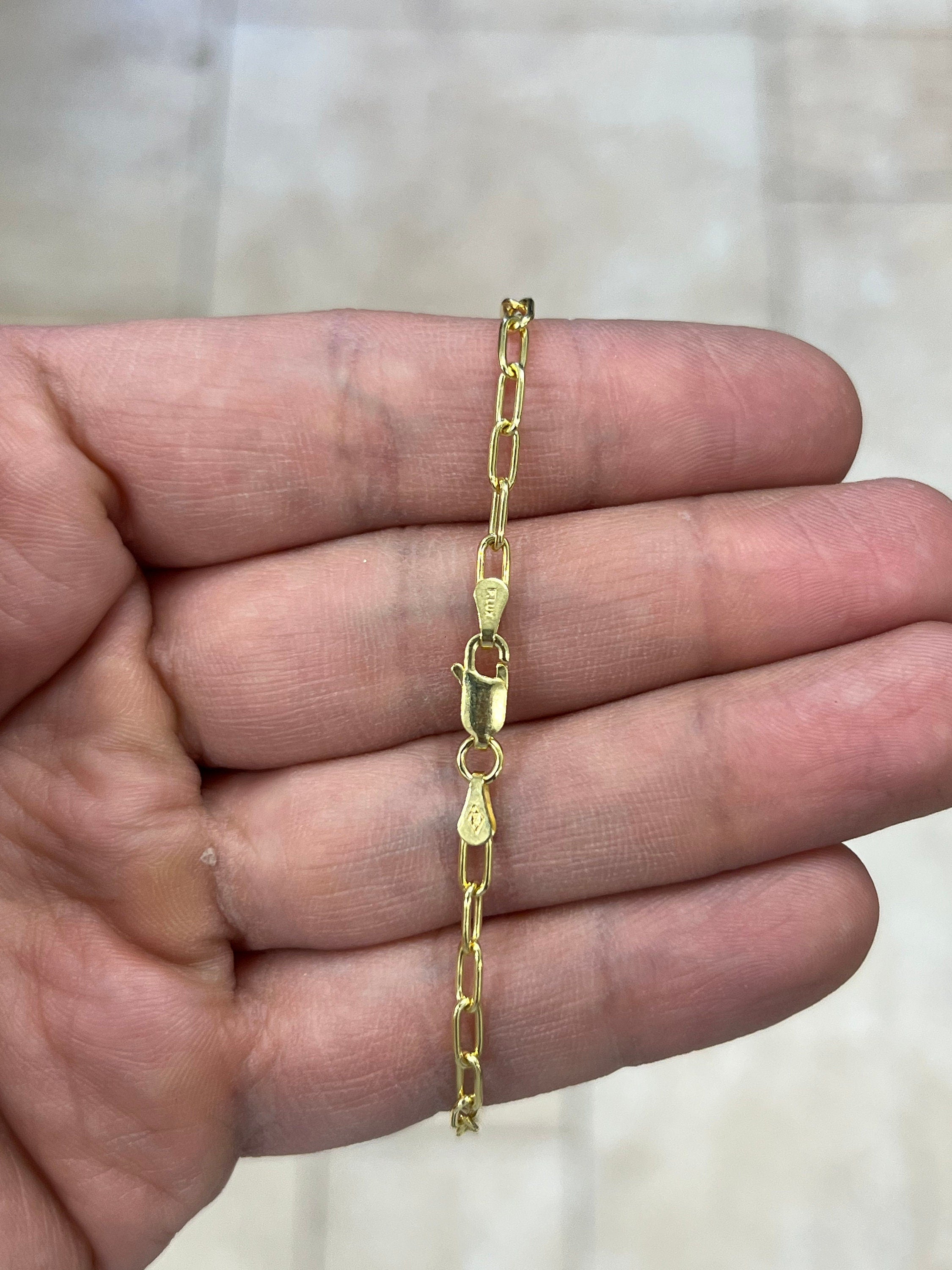 14k Gold Over 925 Sterling Silver Paper Clip 3mm Anklet 10'' Elongated Link Chain, Rectangular Staple Link Necklace, Layering