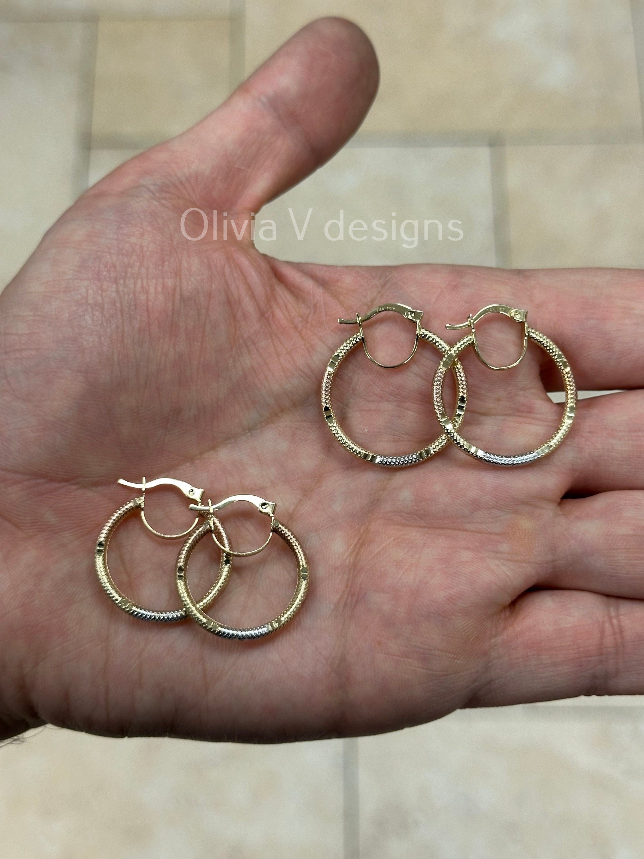 14k Gold Tri Color Round Gold Hoop Earrings 24mm 27mm / Classic Hoops, Everyday Earrings, Gift For Her, 14k Yellow Gold Rose White Gold