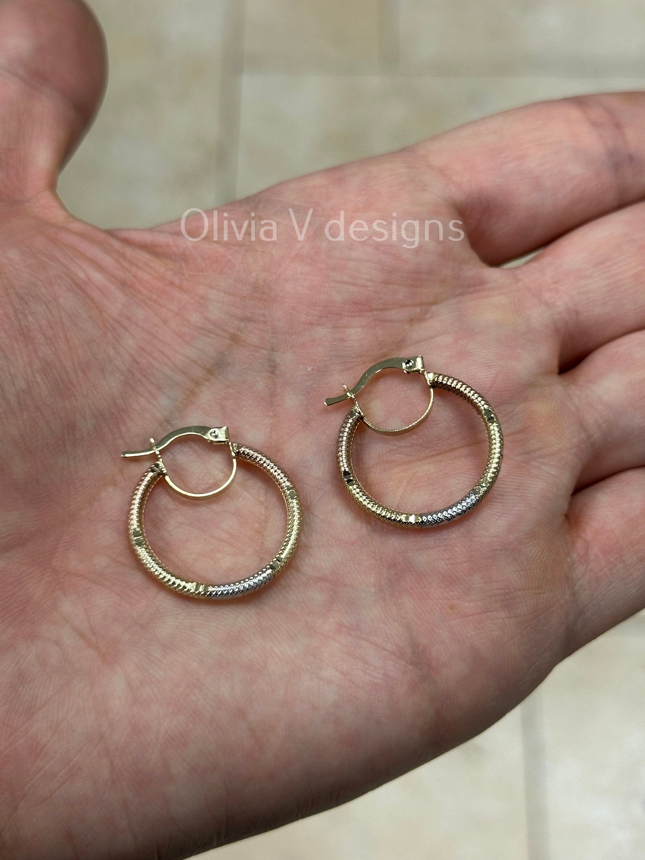 14k Gold Tri Color Round Gold Hoop Earrings 24mm / Classic Hoops, Everyday Earrings, Gift For Her, 14k Yellow Gold Rose White Gold