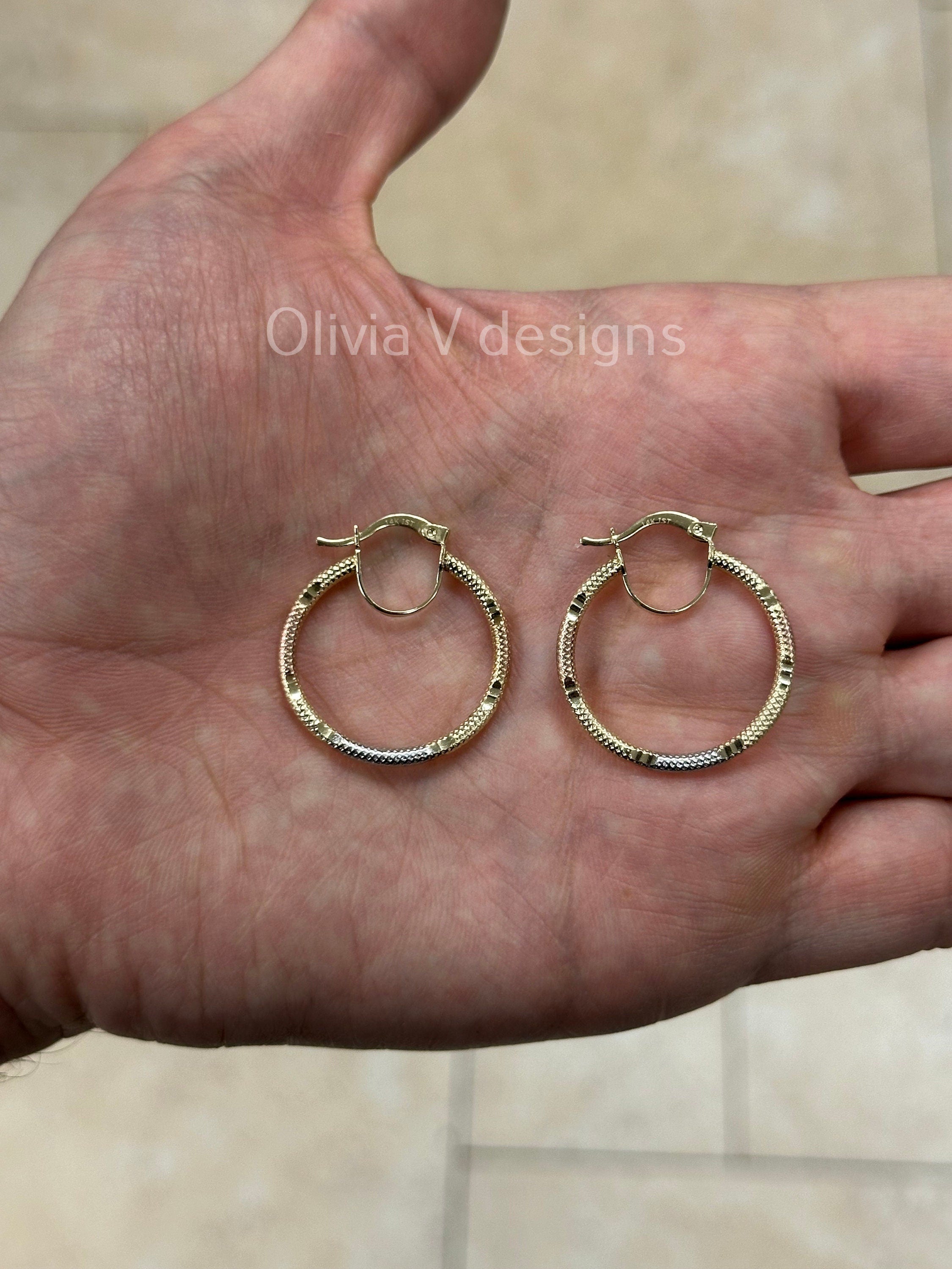 14k Gold Tri Color Round Gold Hoop Earrings 27mm / Classic Hoops, Everyday Earrings, Gift For Her, 14k Yellow Gold Rose White Gold