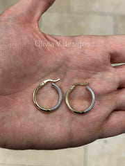 14k Gold Two-Tone Round Gold Hoop Earrings 22mm /Classic Hoops, Everyday Earrings, Gift for her, 14k Yellow Gold, Textured Hoops