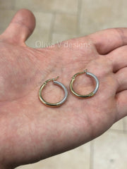 14k Gold Two-Tone Round Gold Hoop Earrings 22mm /Classic Hoops, Everyday Earrings, Gift for her, 14k Yellow Gold, Textured Hoops