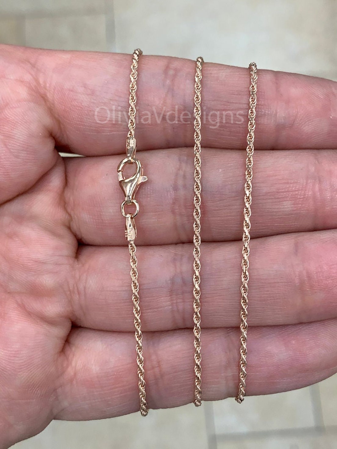 14k Rose Gold Over 925 Sterling Silver Italian Rope Chain, 1.5mm, Diamond Cut, Necklace, Made in Italy, Gift For Him, Gift For Her, Rope
