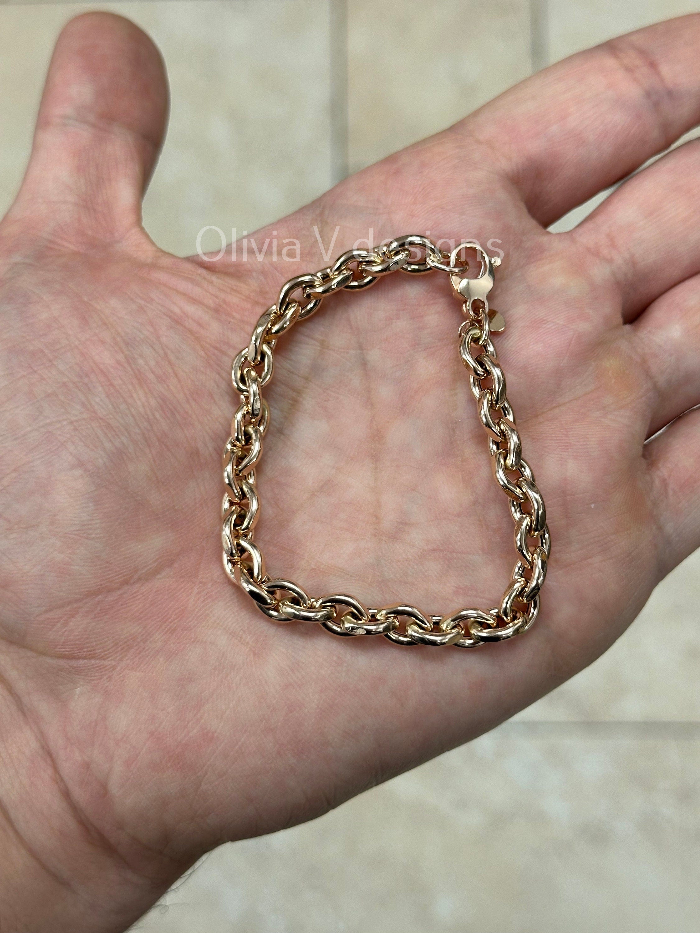14k Rose Gold Thick Flat Oval Link Chain Bracelet, Italian Handcrafted, 14k Solid Link Bracelet, Gift