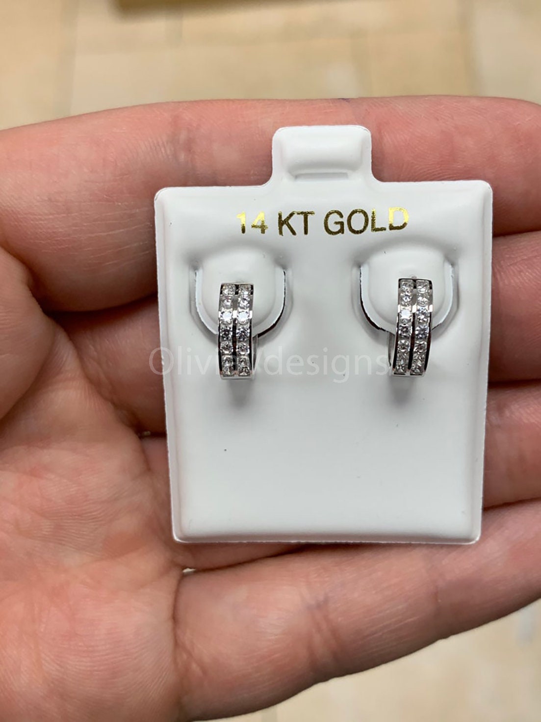 14k Solid White Gold 10MM CZ Huggie Earrings Hoop Earrings, Double Row CZ Pave Ear Cuff, Pave Hoops, Pierced Ear Cuff, Ear Wrap, New