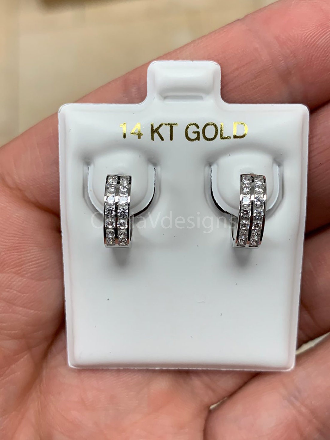 14k Solid White Gold 10MM CZ Huggie Earrings Hoop Earrings, Double Row CZ Pave Ear Cuff, Pave Hoops, Pierced Ear Cuff, Ear Wrap, New