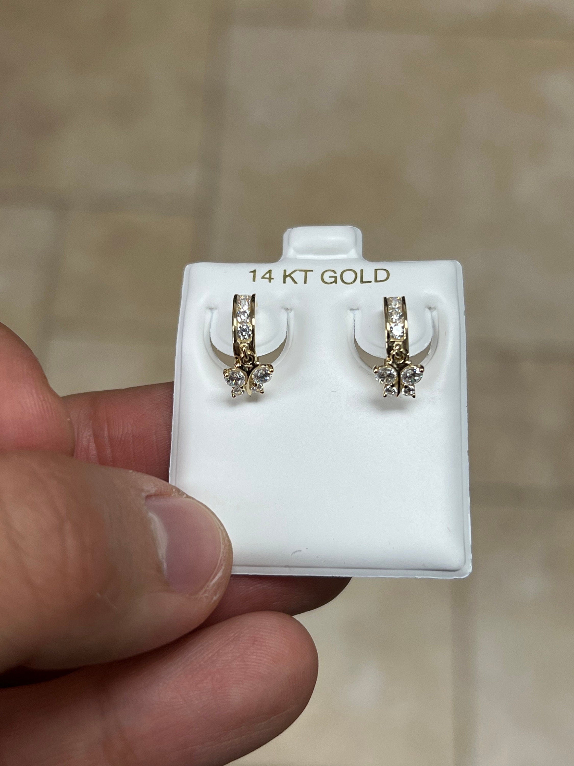 14k Solid Yellow Gold 15mm CZ Butterfly Huggie Earrings Hoop Earrings, CZ Pave Ear Cuff, Pave Hoops, Butterfly, Huggies, Cuffs