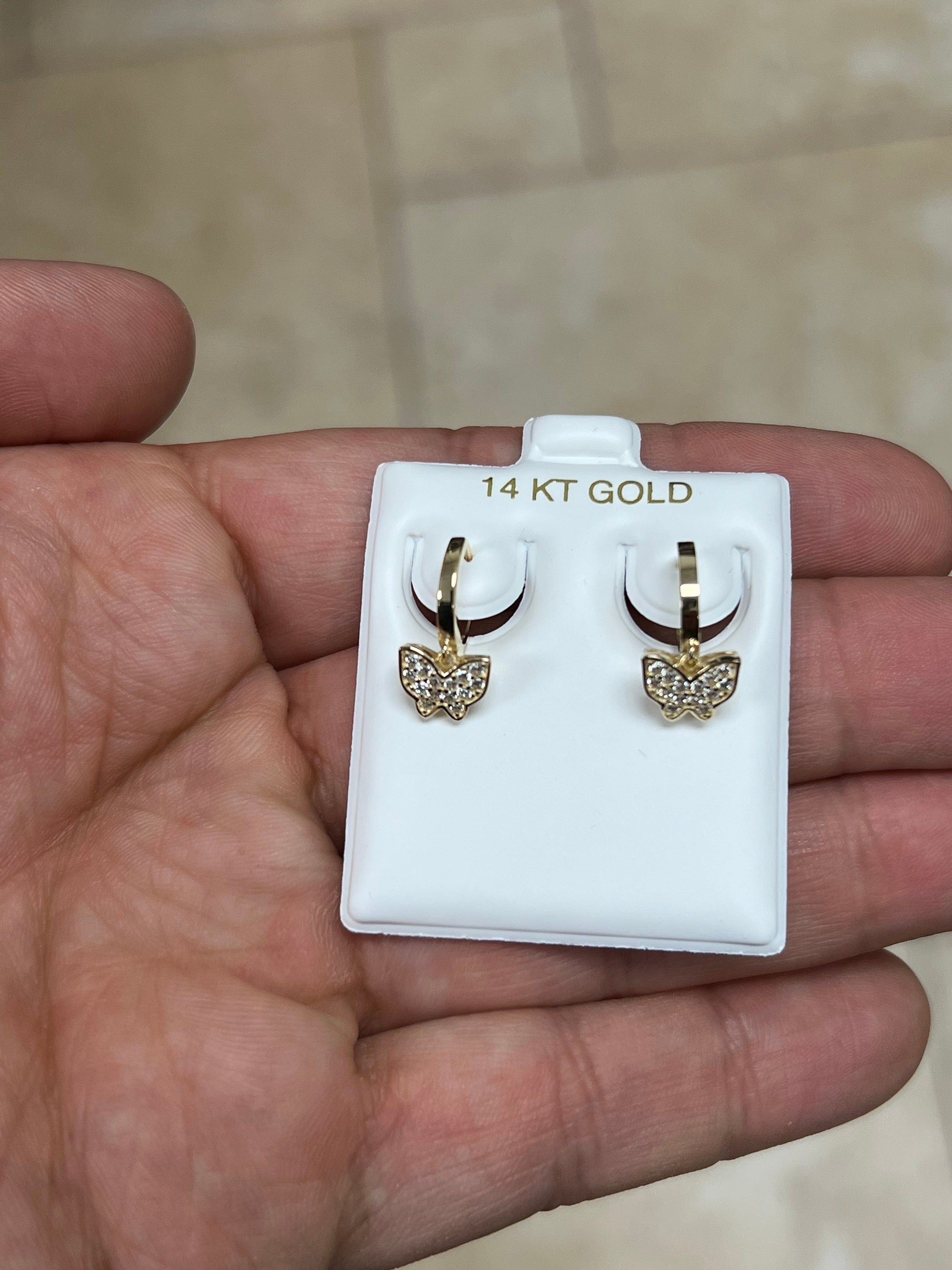 14k Solid Yellow Gold 16MM CZ Butterfly Huggie Earrings Hoop Earrings, CZ Pave Ear Cuff, Pave Hoops, Butterfly, Huggies, Cuffs