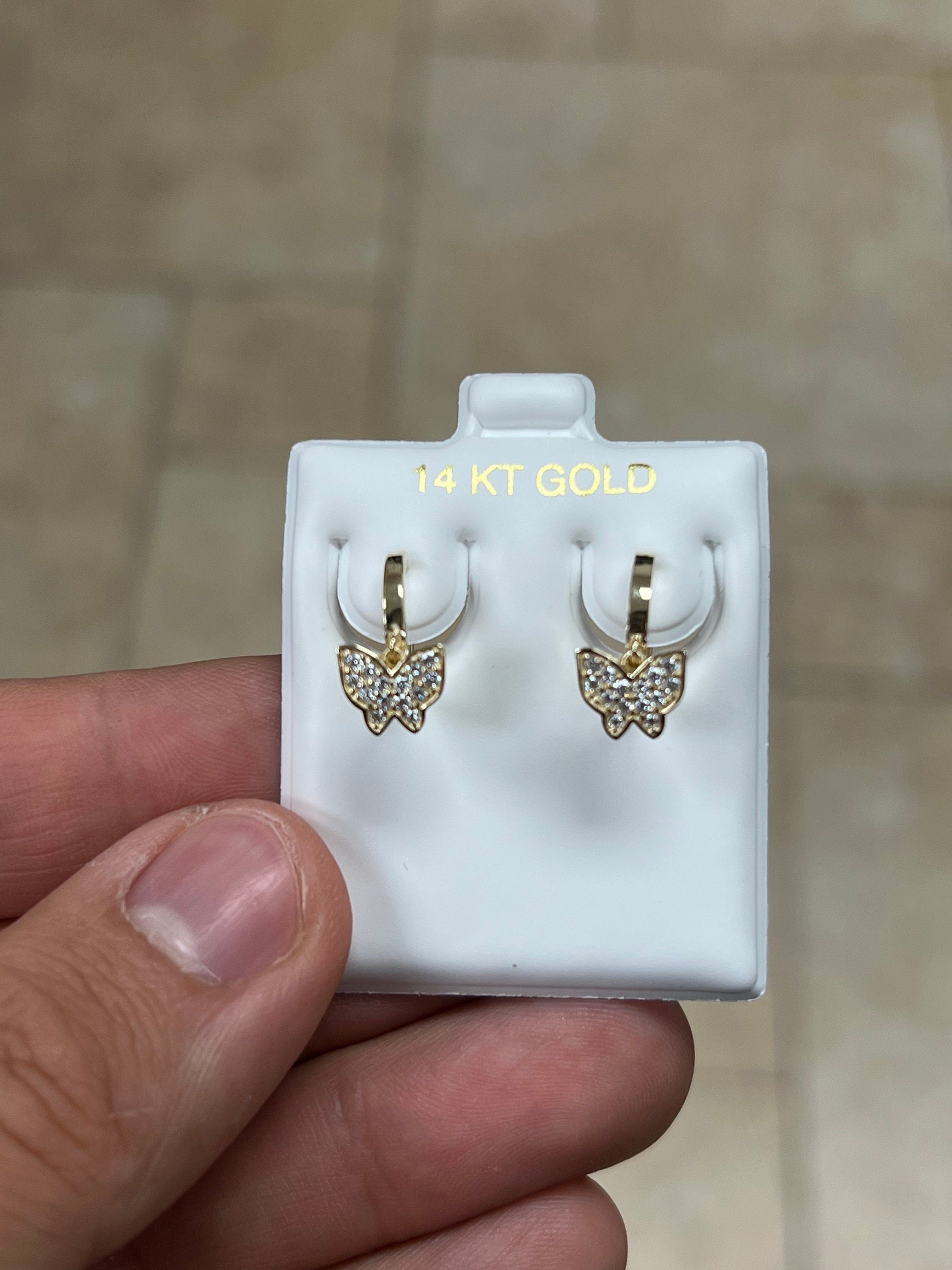 14k Solid Yellow Gold 16MM CZ Butterfly Huggie Earrings Hoop Earrings, CZ Pave Ear Cuff, Pave Hoops, Butterfly, Huggies, Cuffs