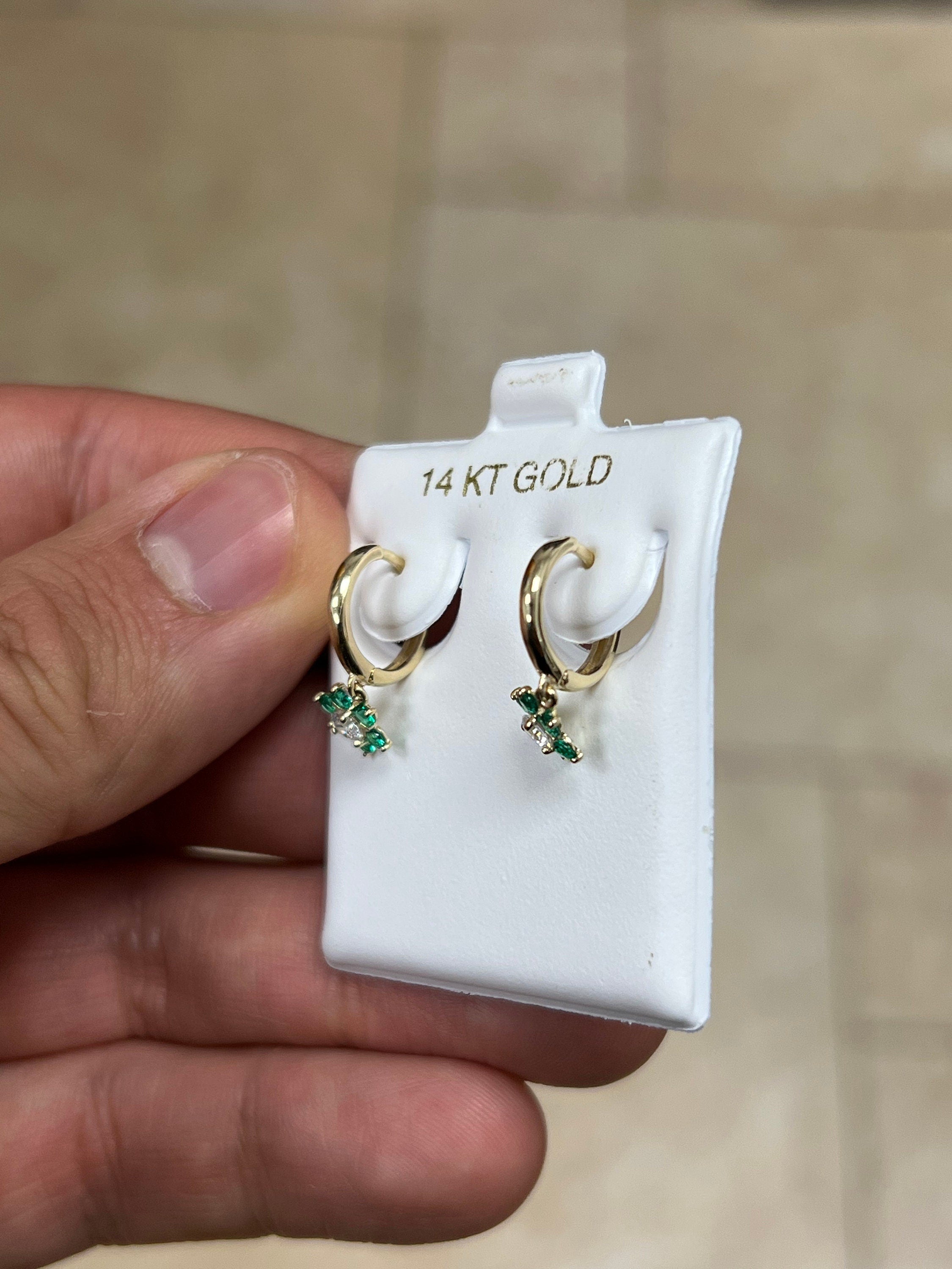 14k Solid Yellow Gold 18mm Emerald Flower Huggie Earrings Hoop Earrings, CZ Pave Ear Cuff, Pave, Flowers, Huggies, Cuffs, Emerald Birthstone