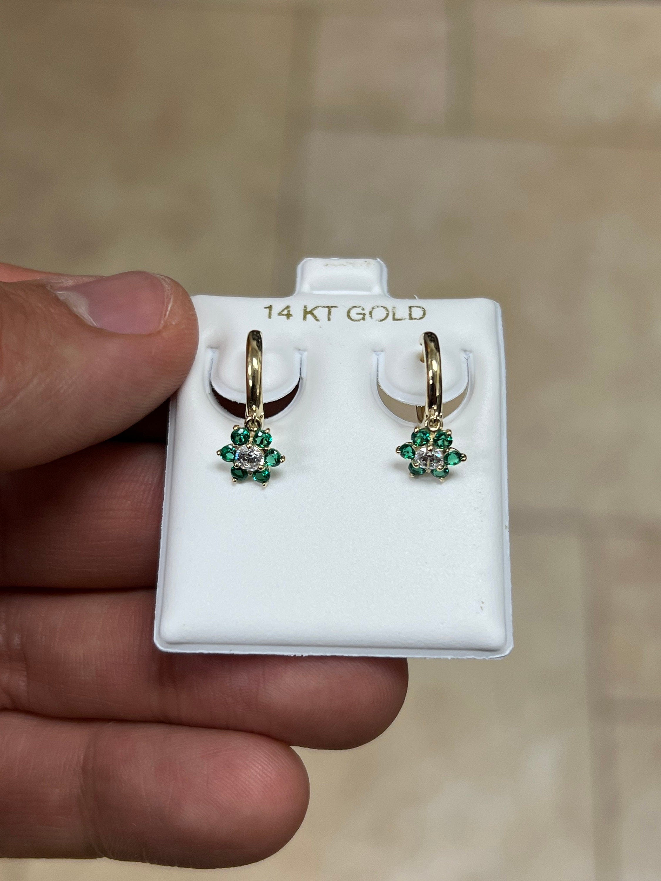 14k Solid Yellow Gold 18mm Emerald Flower Huggie Earrings Hoop Earrings, CZ Pave Ear Cuff, Pave, Flowers, Huggies, Cuffs, Emerald Birthstone