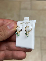 14k Solid Yellow Gold 18mm Emerald Flower Huggie Earrings Hoop Earrings, CZ Pave Ear Cuff, Pave, Flowers, Huggies, Cuffs, Emerald Birthstone