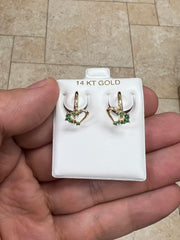 14k Solid Yellow Gold 18mm Emerald Heart Dangle Huggie Earrings Hoop Earrings, CZ Pave, Pave Hoops, Flowers, Huggies, Emerald Birthstone