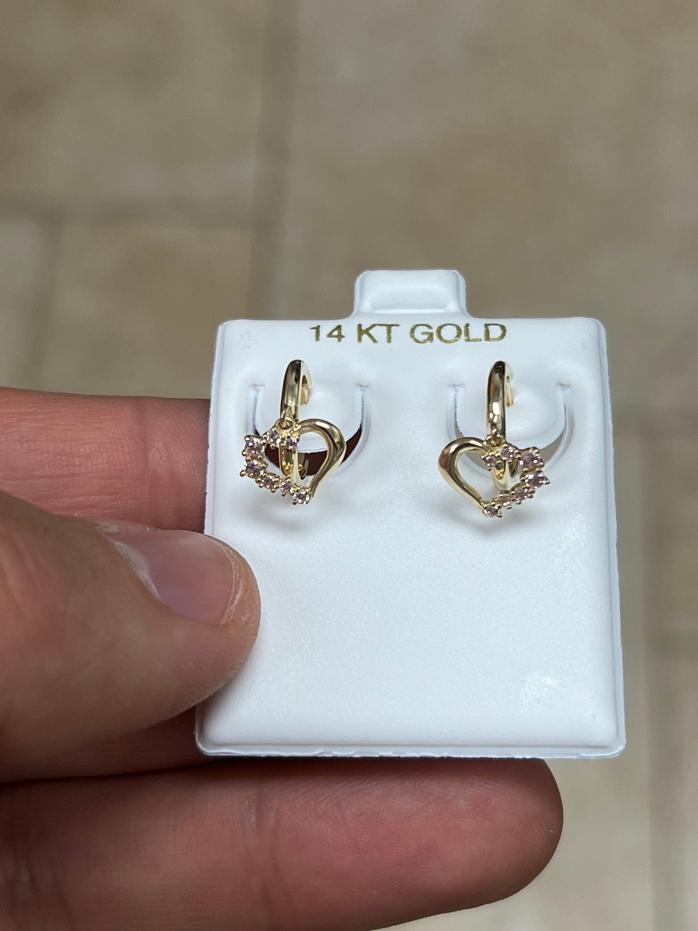 14k Solid Yellow Gold 18mm Rose Heart Dangle Huggie Earrings Hoop Earrings, CZ Pave Ear Cuff, Pave Hoops, Flowers, Huggies, Rose Birthstone
