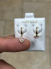 14k Solid Yellow Gold 18mm Rose Heart Dangle Huggie Earrings Hoop Earrings, CZ Pave, Pave Hoops, Flowers, Huggies, Rose Birthstone