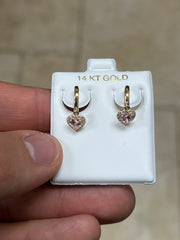 14k Solid Yellow Gold 18mm Rose Heart Dangle Huggie Earrings Hoop Earrings, CZ Pave, Pave Hoops, Flowers, Huggies, Rose Birthstone