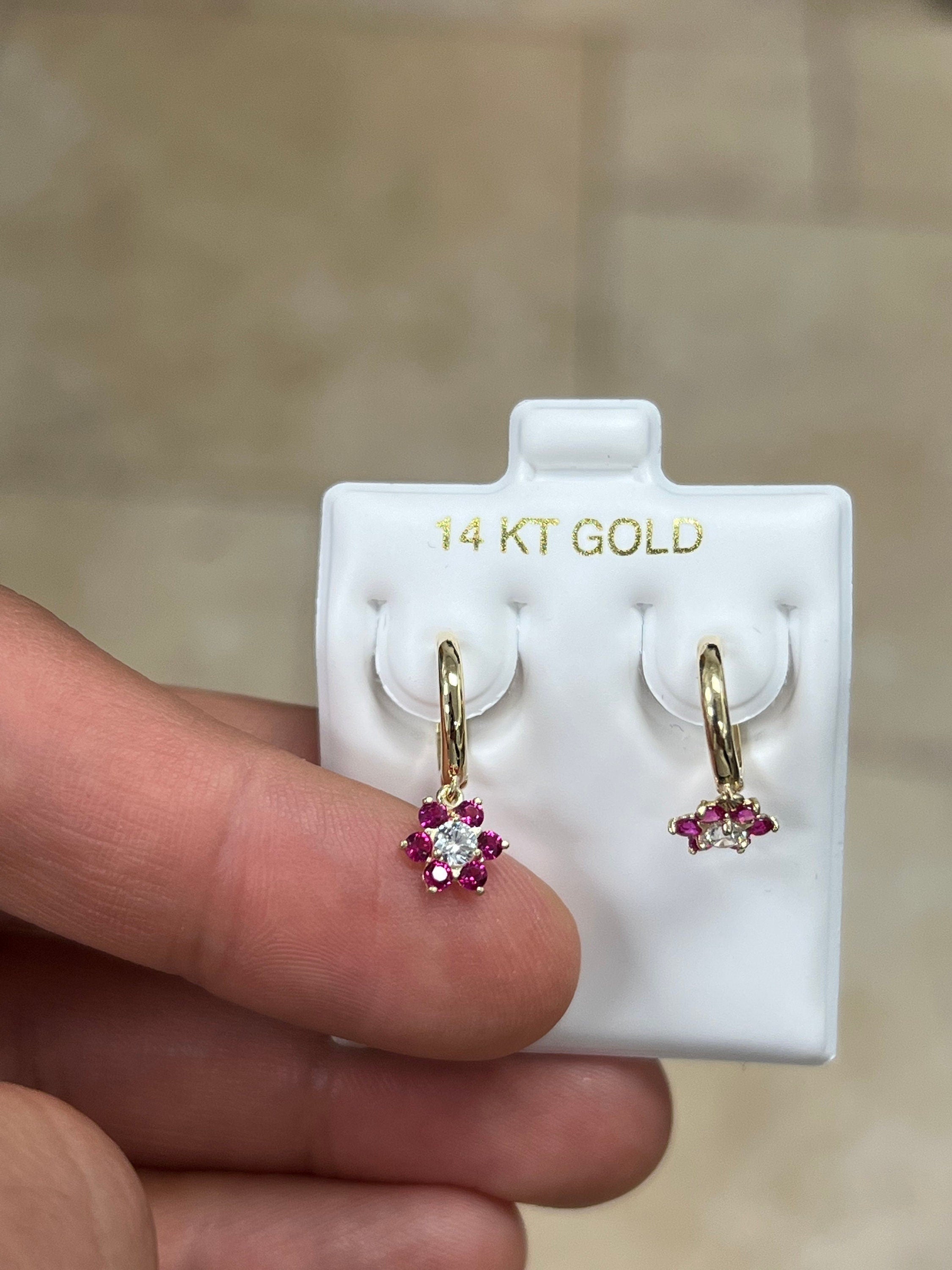 14k Solid Yellow Gold 18mm Ruby Flower Huggie Earrings Hoop Earrings, CZ Pave Ear Cuff, Pave Hoops, Flowers, Huggies, Cuffs, Ruby Birthstone
