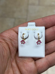 14k Solid Yellow Gold 18mm Ruby Flower Huggie Earrings Hoop Earrings, CZ Pave Ear Cuff, Pave Hoops, Flowers, Huggies, Cuffs, Ruby Birthstone