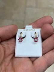 14k Solid Yellow Gold 18mm Ruby Flower Huggie Earrings Hoop Earrings, CZ Pave Ear Cuff, Pave Hoops, Flowers, Huggies, Cuffs, Ruby Birthstone