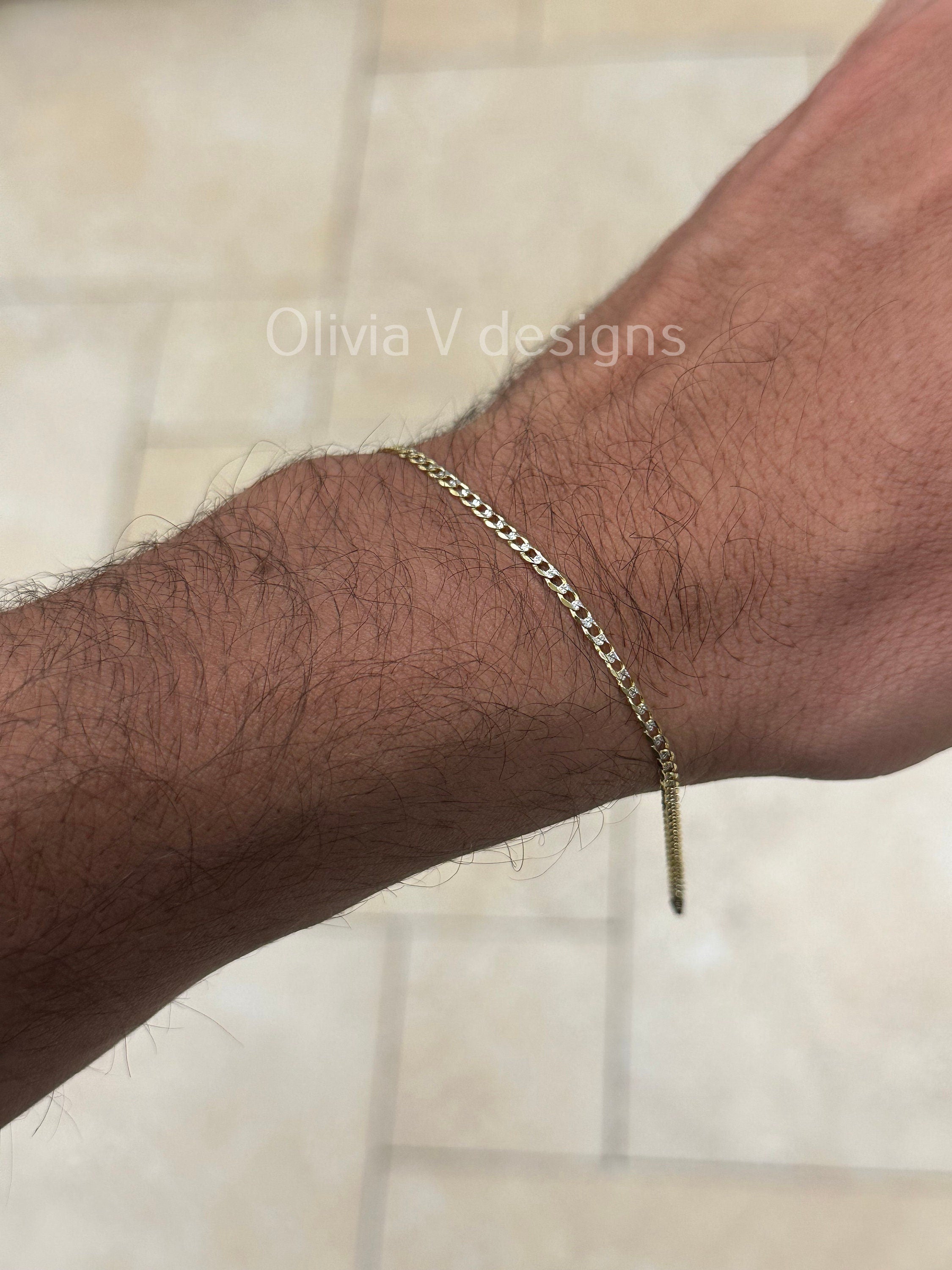 14k Solid Yellow Gold 2.5mm Pave Diamond Cut Cuban Curb Link Bracelet Chain, 14K SOLID Two Tone Gold Chain Bracelet Man and Woman, Gift