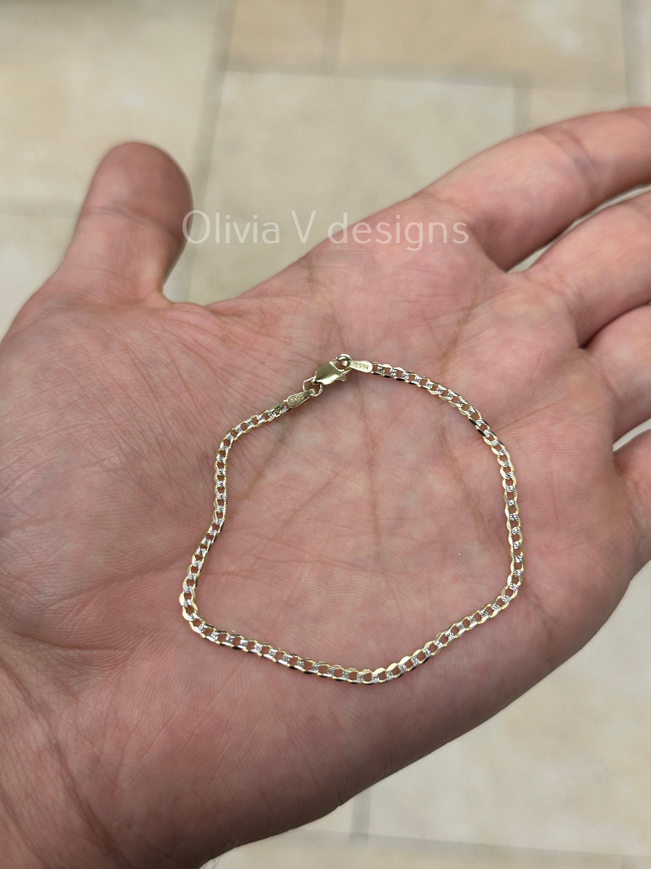 14k Solid Yellow Gold 2.5mm Pave Diamond Cut Cuban Curb Link Bracelet Chain, 14K SOLID Two Tone Gold Chain Bracelet Man and Woman, Gift