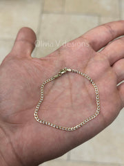14k Solid Yellow Gold 2.5mm Pave Diamond Cut Cuban Curb Link Bracelet Chain, 14K SOLID Two Tone Gold Chain Bracelet Man and Woman, Gift
