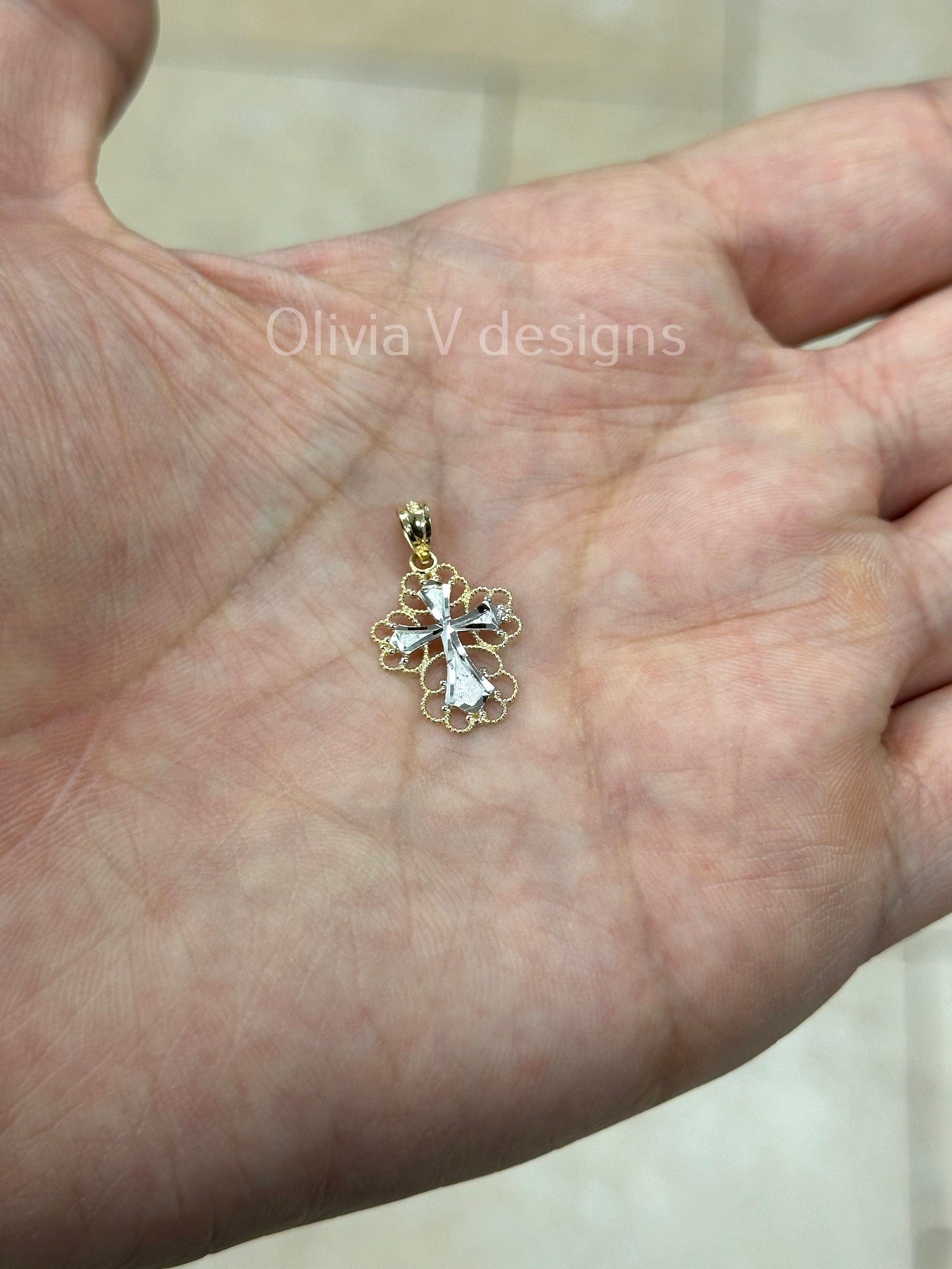 14k Two Tone Gold Diamond Cut Cross Pendant, Jesus, Crucifix, Christ - Genuine 14k White Gold - Religious Pendant Gift, Baptism Gift