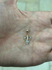 14k Two Tone Gold Diamond Cut Cross Pendant, Jesus, Crucifix, Christ - Genuine 14k White Gold - Religious Pendant Gift, Baptism Gift