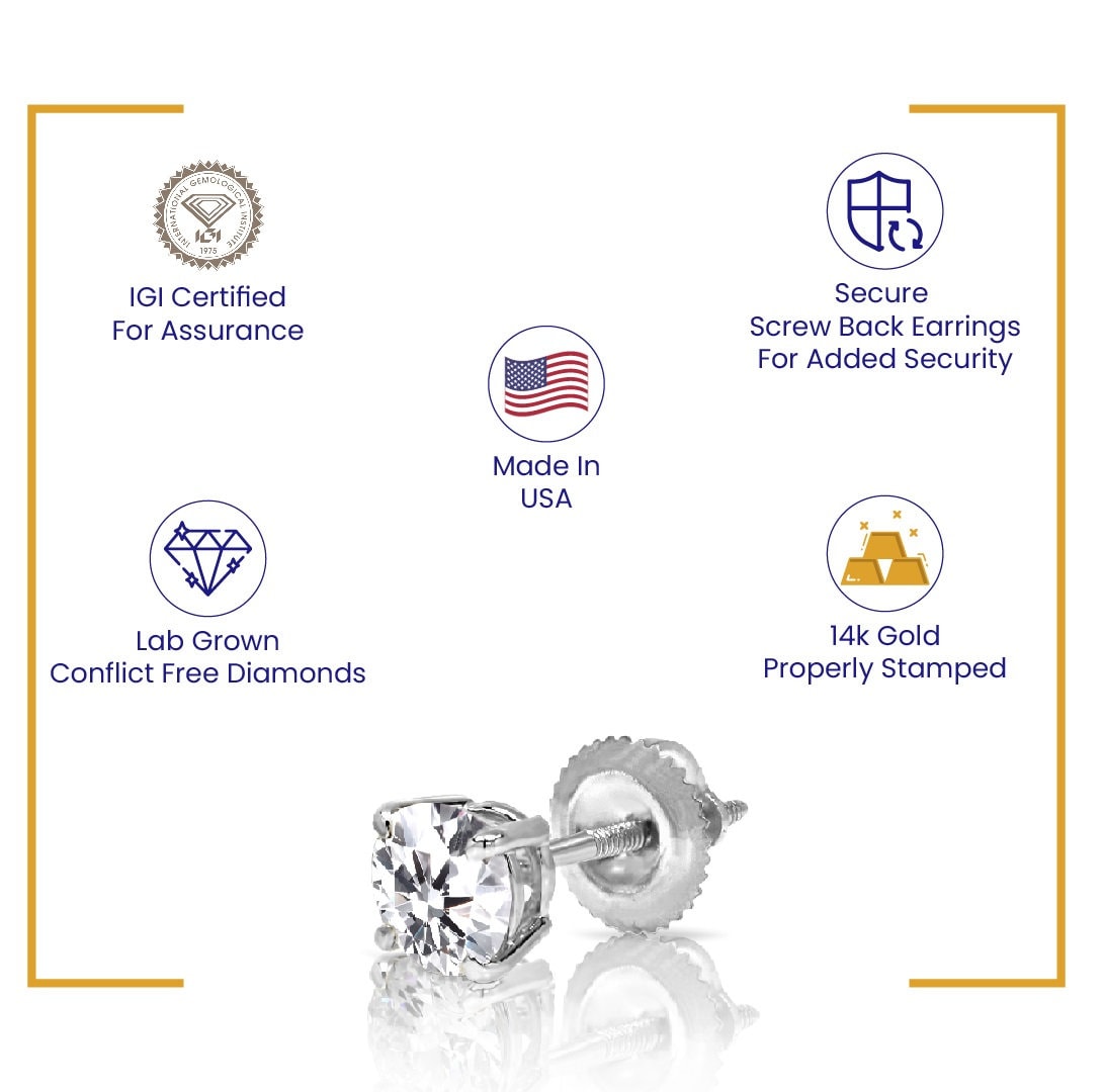 14k White Gold 2.00 Carat Round IGI Certified Lab Grown Diamond D Color VS1, Gift, Men Women Diamond Studs