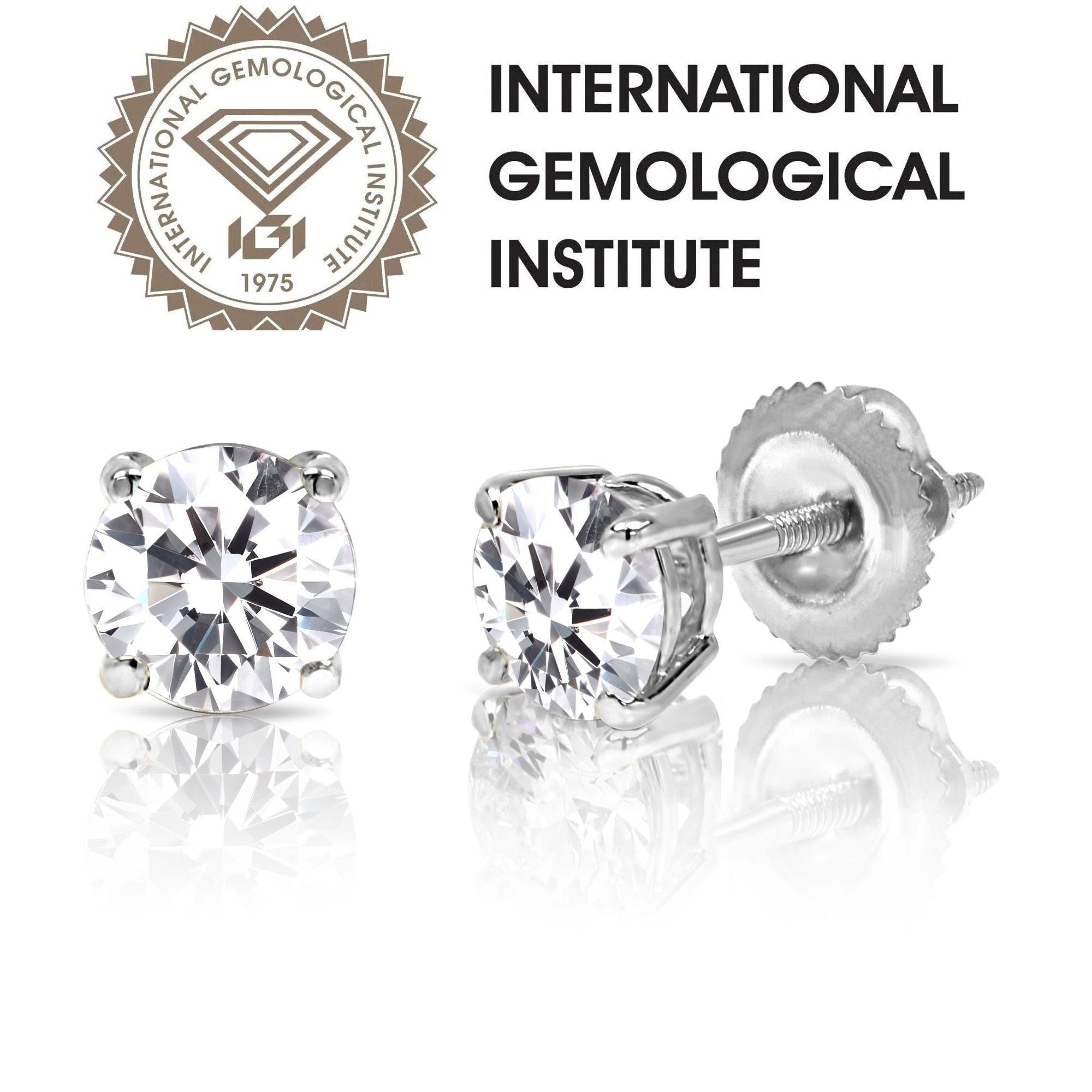 14k White Gold 2.00 Carat Round IGI Certified Lab Grown Diamond D Color VS1, Gift, Men Women Diamond Studs