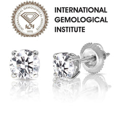 14k White Gold 2.00 Carat Round IGI Certified Lab Grown Diamond D Color VS1, Gift, Men Women Diamond Studs