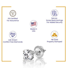 14k White Gold 2.00 Carat Round IGI Certified Lab Grown Diamond D Color VS1, Gift, Men Women Diamond Studs