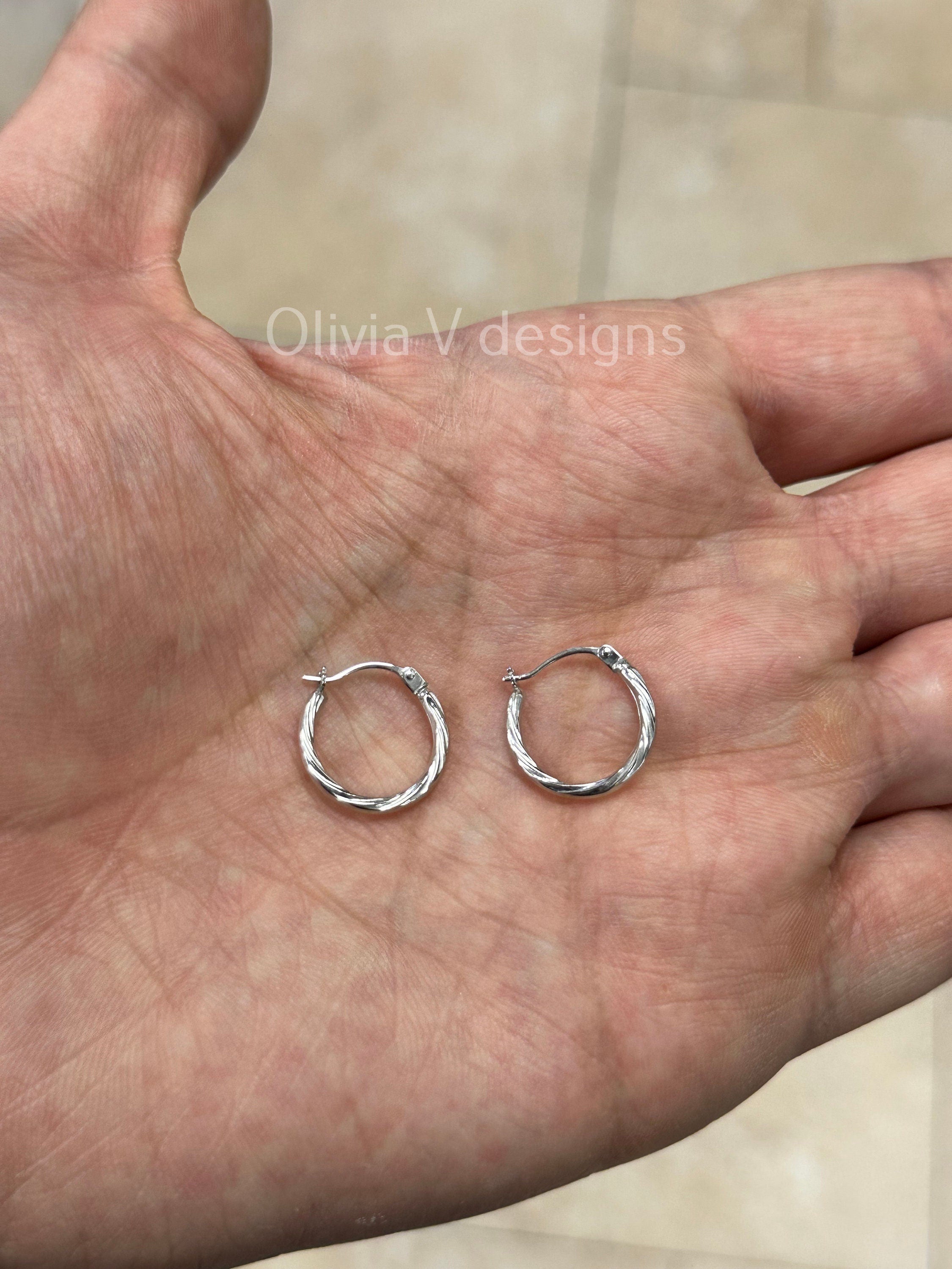 14k White Gold Diamond Cut Tube Hoop Earrings 14mm Classic Hoops, Everyday Earrings, Gift For Her, For Him