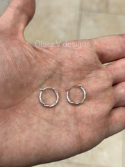 14k White Gold Diamond Cut Tube Hoop Earrings 14mm Classic Hoops, Everyday Earrings, Gift For Her, For Him