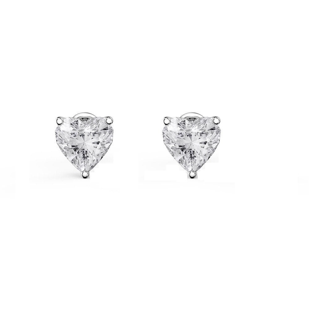 14k White Gold Heart Studs 0.05-8.00 ct. T.W. Round-cut Created Diamond Stud Earrings Solitaire, Push Back, Genuine 14k White Gold