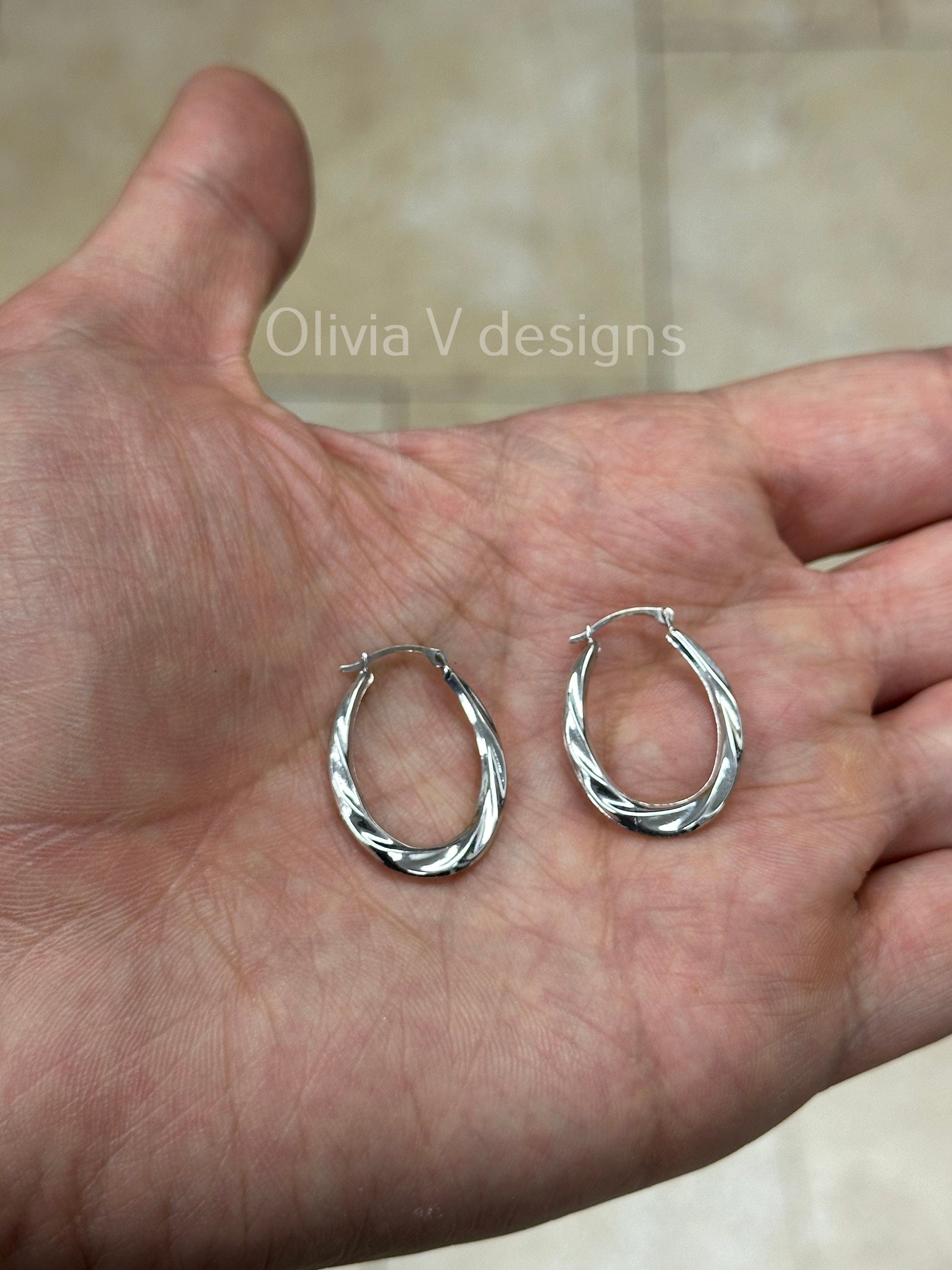 14k White Gold Oval Diamond Cut Hoop Earrings 26mm / Classic Hoops, Everyday Earrings, Gift For Her, For Him, 14k White Gold