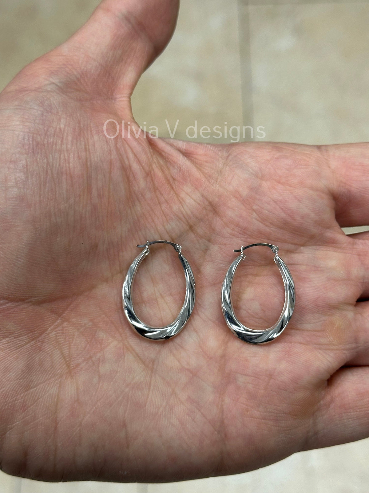 14k White Gold Oval Diamond Cut Hoop Earrings 26mm / Classic Hoops, Everyday Earrings, Gift For Her, For Him, 14k White Gold